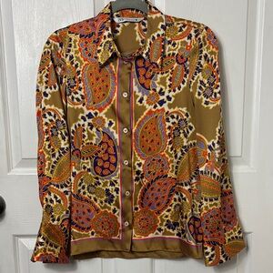 ZARA Satin button down blouse paisley print size Small Lightweight  gold bronze